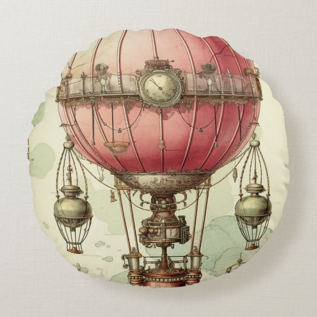  Steampunk Roze Hete Luchtballon (2) Rond Kussen (Voorkant)