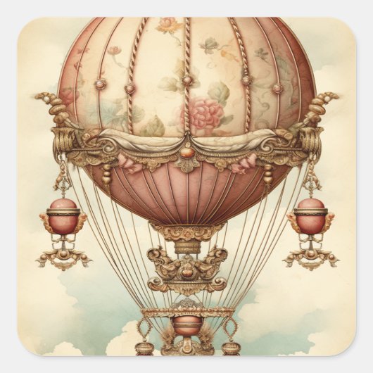Steampunk Roze Hete Luchtballon Vierkante Sticker (Voorkant)