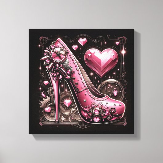Steampunk Roze Stiletto Hoge Hakken met Harten Canvas Afdruk (Voorkant)