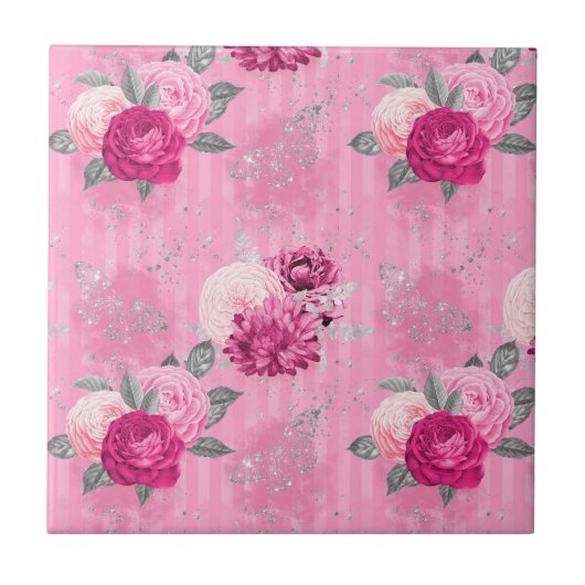 Steampunk Rozen en Zilveren Glitter Tegeltje (Voorkant)