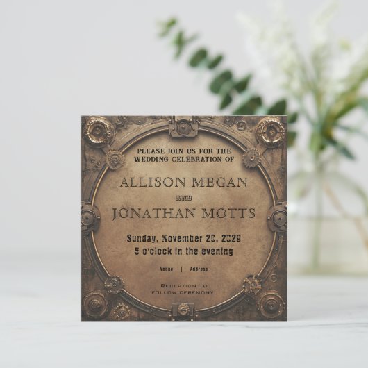 Steampunk Rustic Industrial Wedding Invitation Kaart (Staand voorkant)