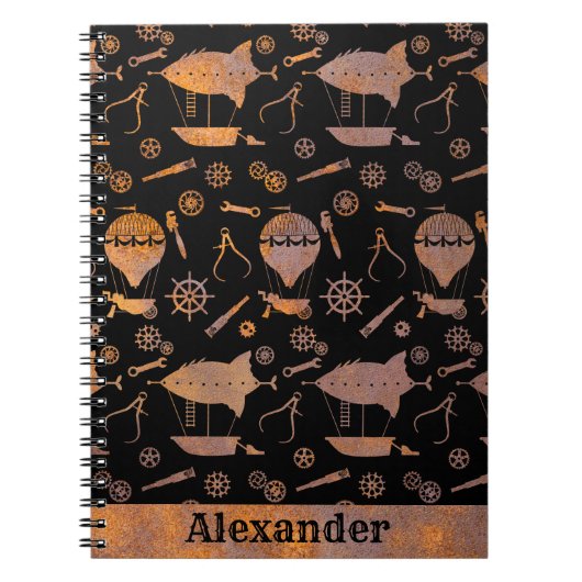 Steampunk Rusty Airships Thema Aangepaste naam Notitieboek (Voorkant)
