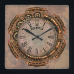 Steampunk Rusty Art Deco Clock Vierkante Klok<br><div class="desc">Steampunk Rusty Art Deco Clock in alle tinten van bruin, roze, oranje en goud. U kunt het aanpassen met jouw naam of het leeg laten</div>