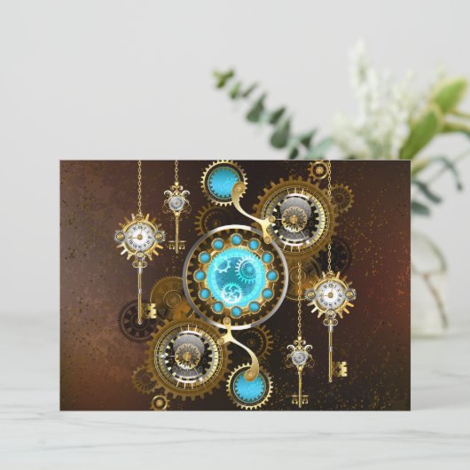 Steampunk Rusty Background met Turquoise Lenses Aankondiging (Staand voorkant)