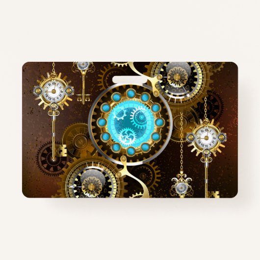 Steampunk Rusty Background met Turquoise Lenses Badge (Voorkant)