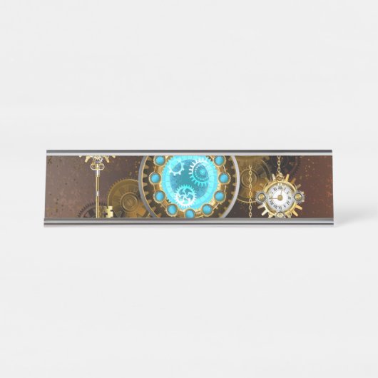 Steampunk Rusty Background met Turquoise Lenses Bureau Naambordje (Voorkant)