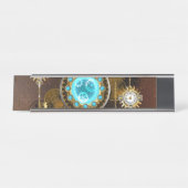 Steampunk Rusty Background met Turquoise Lenses Bureau Naambordje (Voorkant)