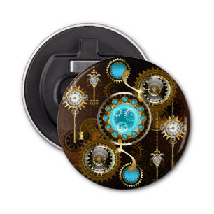 Steampunk Rusty Background met Turquoise Lenses Button Flesopener