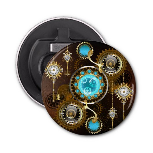 Steampunk Rusty Background met Turquoise Lenses Button Flesopener (Voorkant)
