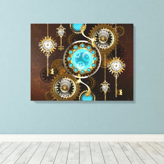 Steampunk Rusty Background met Turquoise Lenses Canvas Afdruk (Insitu (Houten vloer))