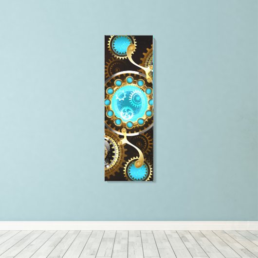 Steampunk Rusty Background met Turquoise Lenses Canvas Afdruk (Insitu (Houten vloer))
