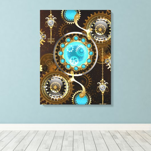 Steampunk Rusty Background met Turquoise Lenses Canvas Afdruk (Insitu (Houten vloer))