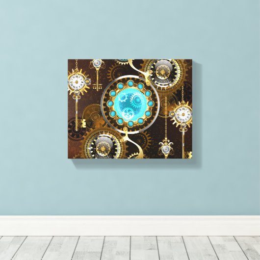 Steampunk Rusty Background met Turquoise Lenses Canvas Afdruk (Insitu (Houten vloer))