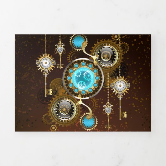 Steampunk Rusty Background met Turquoise Lenses Drieluik Aankondiging (Cover)