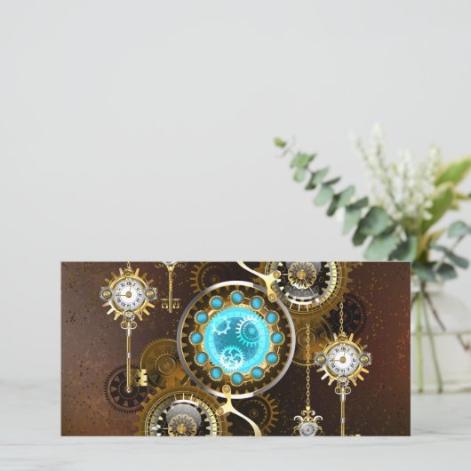 Steampunk Rusty Background met Turquoise Lenses Feestdagenkaart (Staand voorkant)