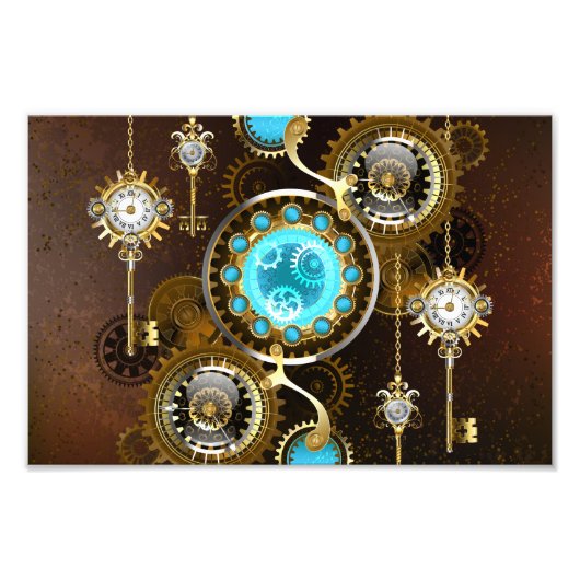 Steampunk Rusty Background met Turquoise Lenses Foto Afdruk (Voorkant)