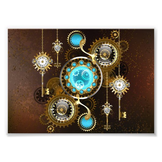 Steampunk Rusty Background met Turquoise Lenses Foto Afdruk (Voorkant)