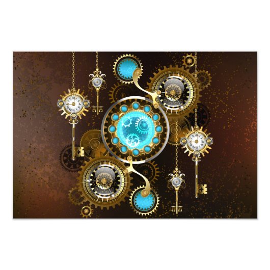 Steampunk Rusty Background met Turquoise Lenses Foto Afdruk (Voorkant)