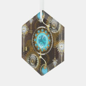 Steampunk Rusty Background met Turquoise Lenses Glas Ornament (Voorkant links)