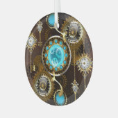 Steampunk Rusty Background met Turquoise Lenses Glas Ornament (Voorkant links)