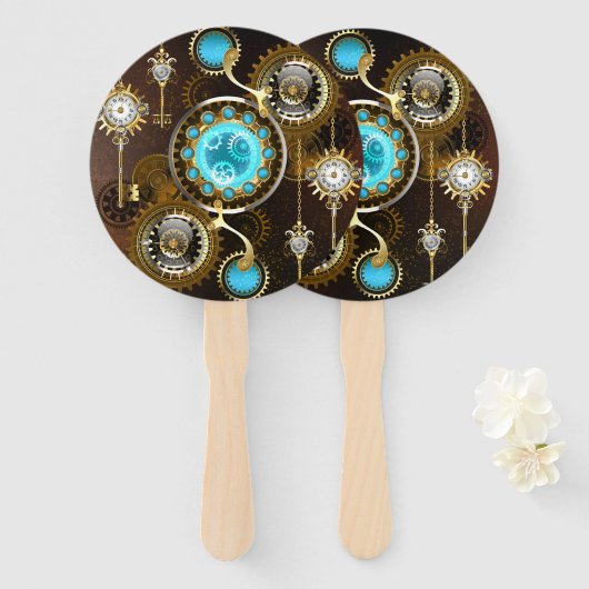 Steampunk Rusty Background met Turquoise Lenses Handwaaier (Voorkant en achterkant)