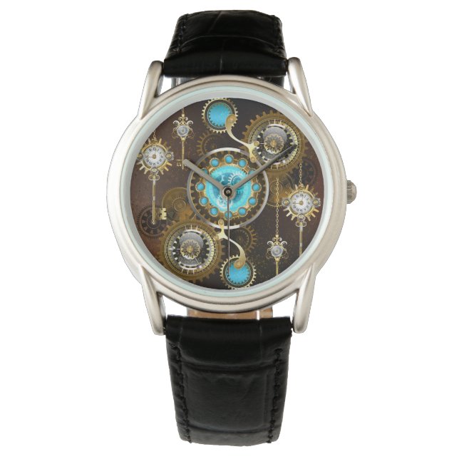 Steampunk Rusty Background met Turquoise Lenses Horloge (Voorkant)
