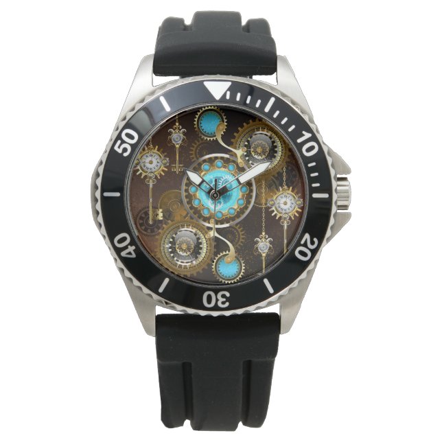 Steampunk Rusty Background met Turquoise Lenses Horloge (Voorkant)