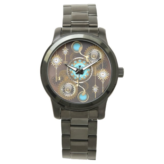 Steampunk Rusty Background met Turquoise Lenses Horloge (Voorkant)