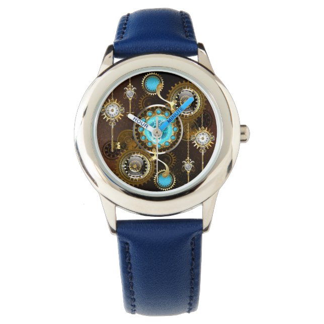 Steampunk Rusty Background met Turquoise Lenses Horloge (Voorkant)