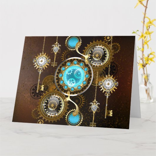 Steampunk Rusty Background met Turquoise Lenses Kaart (Gele Bloem)