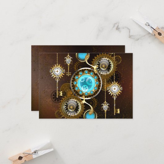 Steampunk Rusty Background met Turquoise Lenses Kaart (Voorkant / Achterkant in situ)