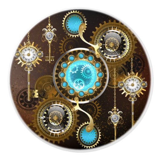 Steampunk Rusty Background met Turquoise Lenses Keramische Knop (Voorkant)