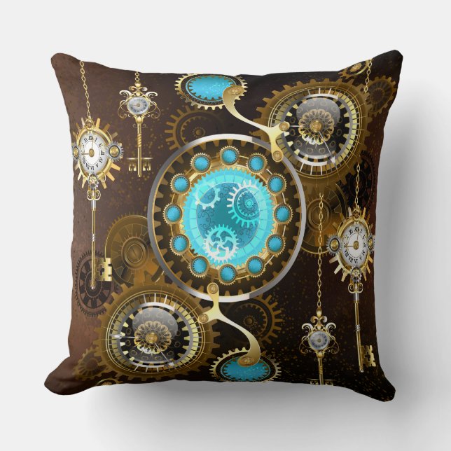 Steampunk Rusty Background met Turquoise Lenses Kussen (Voorkant)