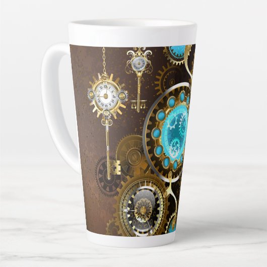Steampunk Rusty Background met Turquoise Lenses Latte Mok (Linkerhoek)