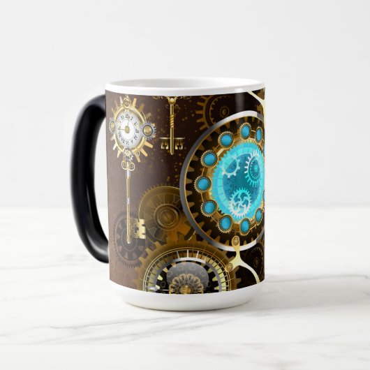 Steampunk Rusty Background met Turquoise Lenses Magische Mok (Voorkant links)