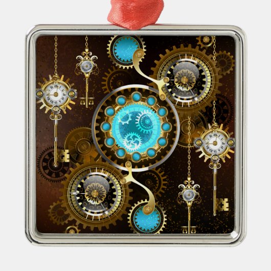 Steampunk Rusty Background met Turquoise Lenses Metalen Ornament (Voorkant)