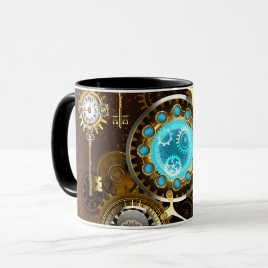 Steampunk Rusty Background met Turquoise Lenses Mok (Voorkant links)