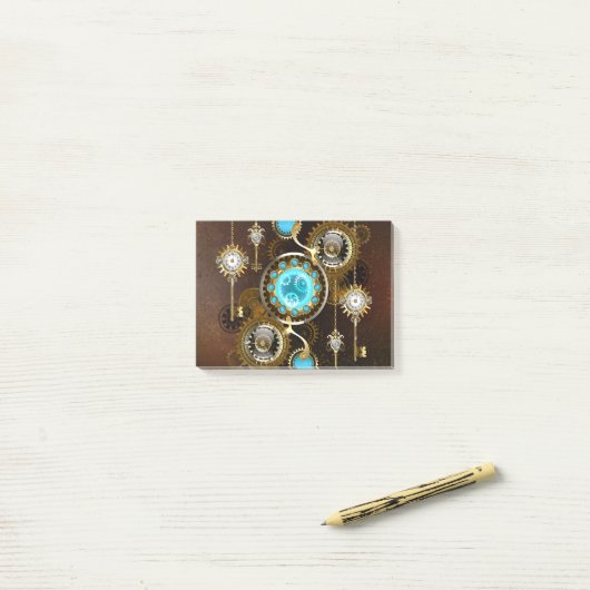 Steampunk Rusty Background met Turquoise Lenses Post-it® Notes (Op bureau)