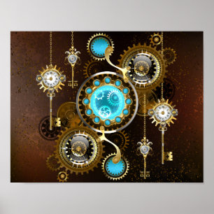Steampunk Rusty Background met Turquoise Lenses Poster