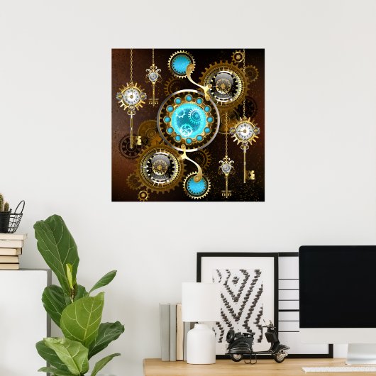 Steampunk Rusty Background met Turquoise Lenses Poster (Thuiskantoor)