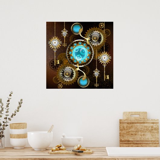 Steampunk Rusty Background met Turquoise Lenses Poster (Keuken)