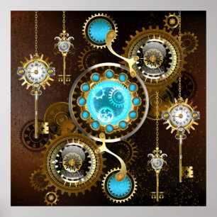 Steampunk Rusty Background met Turquoise Lenses Poster