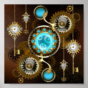 Steampunk Rusty Background met Turquoise Lenses Poster