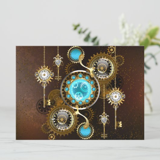 Steampunk Rusty Background met Turquoise Lenses Save The Date (Staand voorkant)