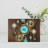 Steampunk Rusty Background met Turquoise Lenses Save The Date (Staand voorkant)