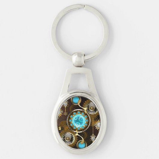 Steampunk Rusty Background met Turquoise Lenses Sleutelhanger (Voorkant)