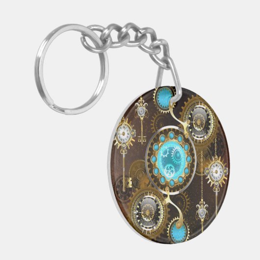 Steampunk Rusty Background met Turquoise Lenses Sleutelhanger (Voorkant Links)