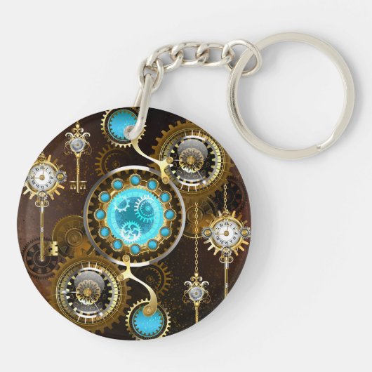 Steampunk Rusty Background met Turquoise Lenses Sleutelhanger (Achterkant)