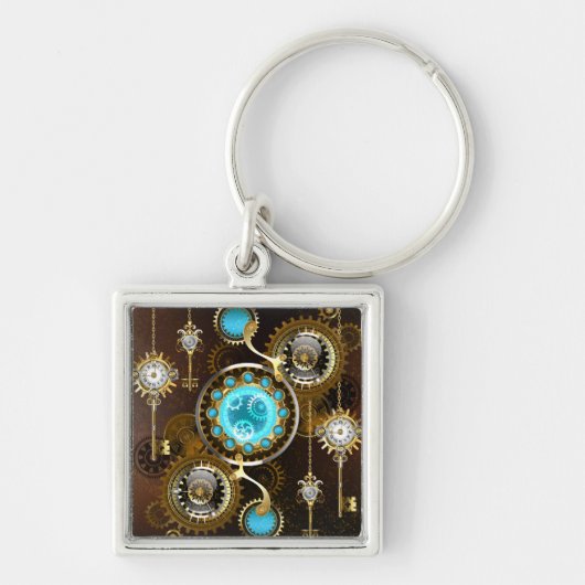 Steampunk Rusty Background met Turquoise Lenses Sleutelhanger (Voorkant)