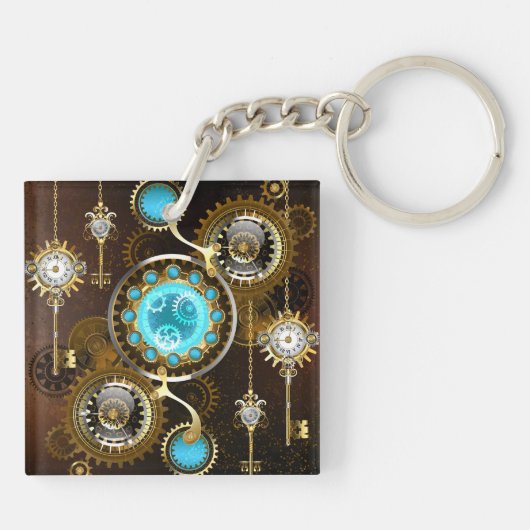Steampunk Rusty Background met Turquoise Lenses Sleutelhanger (Achterkant)